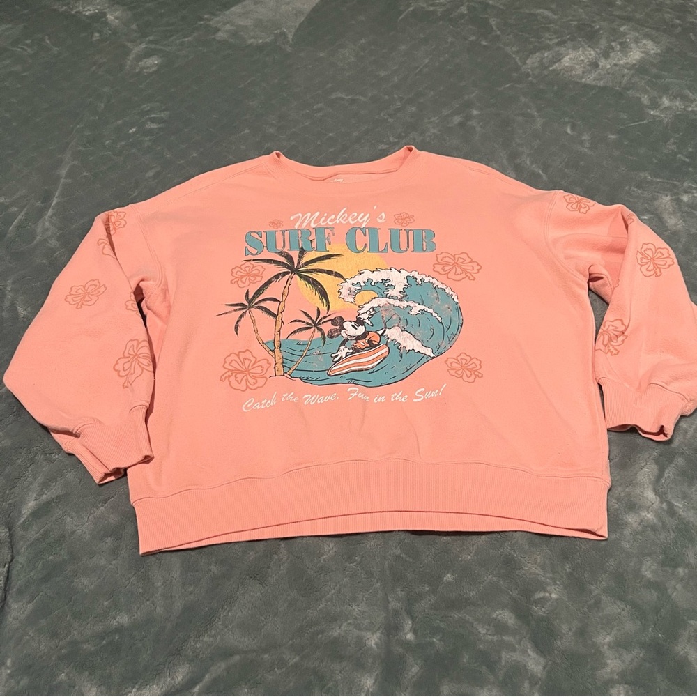 Disney Mickey‎ Mouse Surf Club Graphic Sweatshirt Peach Pink Small RN117508